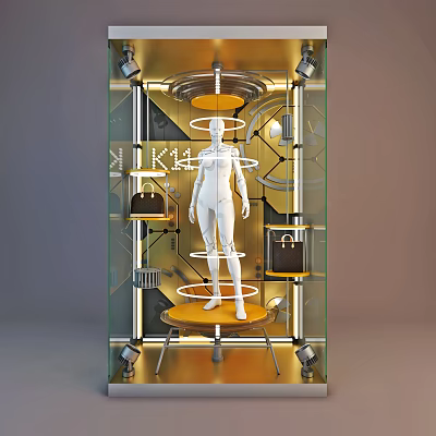 Elegant Modern Window Display With White Mannequin Gold Frame And Handbags On Shelves 3d model