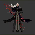 White Haired Man In Black Armor Holding Sword With Red Petals And Gray Background