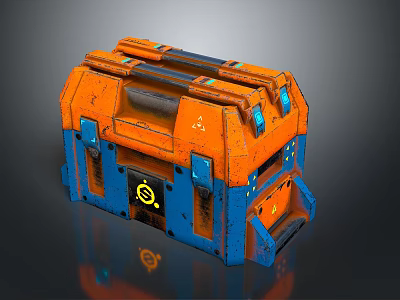 Orange And Blue Commercial Equipment Toolbox With Metallic Texture Warning Sign And Yellow Symbols 3d model