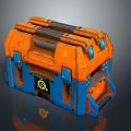 Orange And Blue Commercial Equipment Toolbox With Metallic Texture Warning Sign And Yellow Symbols
