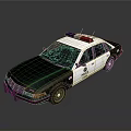 Blue And White Police Sedan With Emergency Lights And Reflective Surface
