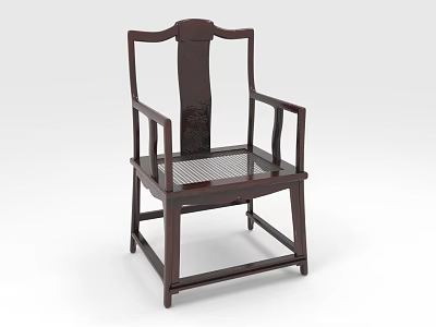 Traditional Chinese Wooden Single Chair With Carved Backrest And Woven Seat 3d model