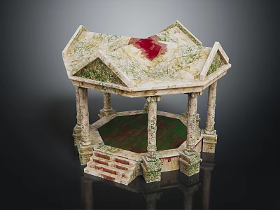 Detailed Gazebo Model With Columns Steps Textured Surface Green Base And Red Roof Detail 3d model