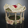 Detailed Gazebo Model With Columns Steps Textured Surface Green Base And Red Roof Detail