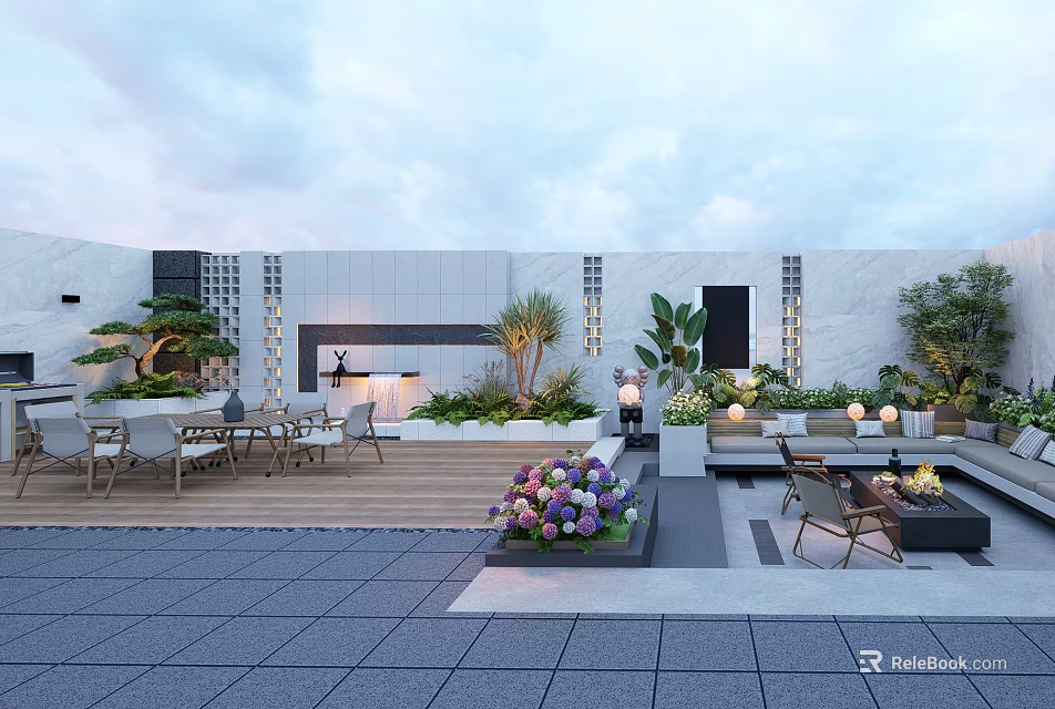 Rooftop Garden Featuring Outdoor Seating Green Plants Flower Beds Wooden Deck Stone Flooring And Lighting 3d model 