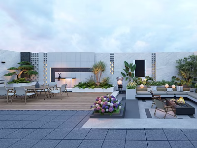 Rooftop Garden Featuring Outdoor Seating Green Plants Flower Beds Wooden Deck Stone Flooring And Lighting 3d model