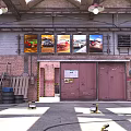 Industrial Parking Lot With Brick Walls Metal Stairs Barrels And Wooden Planks