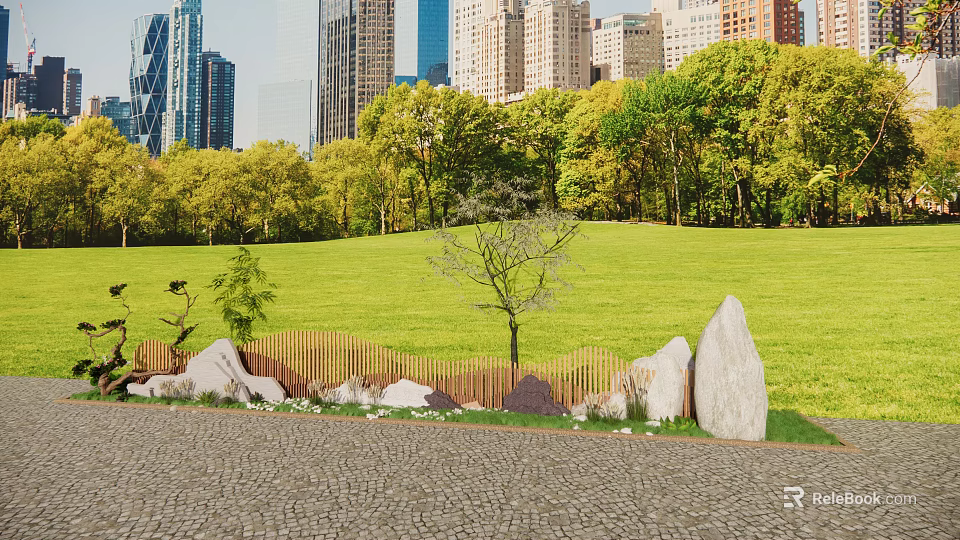 Wooden Entry Gate With Green Lawn Trees Stones And City Buildings Background 3d model 