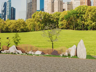 Wooden Entry Gate With Green Lawn Trees Stones And City Buildings Background 3d model