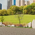 Wooden Entry Gate With Green Lawn Trees Stones And City Buildings Background