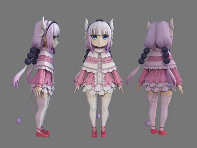 Cute Fantasy Horned Character With Purple Twin Tails Pink White Outfit Three View Angles 3d model