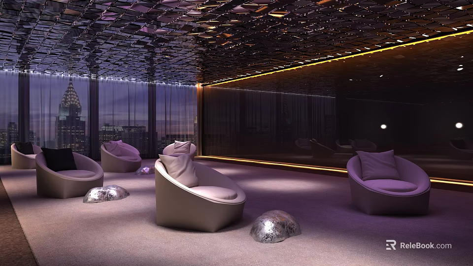 Modern Lounge Interior With Curved Seats Metallic Decor And City View 3d model 