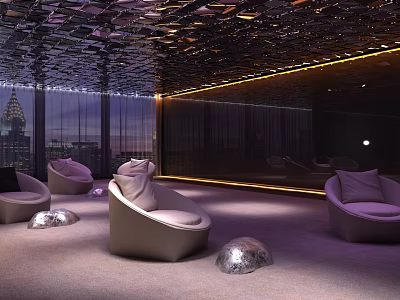 Modern Lounge Interior With Curved Seats Metallic Decor And City View 3d model