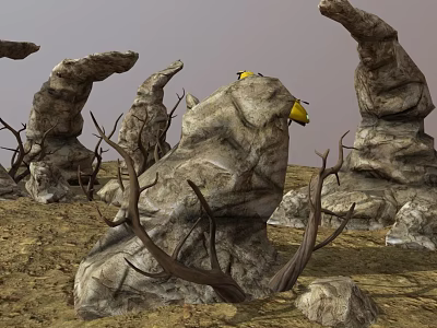 Desert Terrain With Unique Shaped Rocks Yellow Objects And Dry Trees 3d model