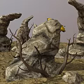 Desert Terrain With Unique Shaped Rocks Yellow Objects And Dry Trees