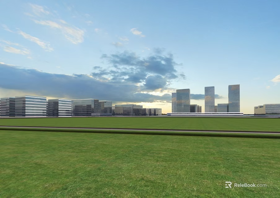 Aerial View Urban Planning With Green Grassland And Modern High Rise Buildings Under Cloudy Sky 3d model 