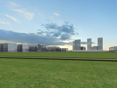 Aerial View Urban Planning With Green Grassland And Modern High Rise Buildings Under Cloudy Sky 3d model