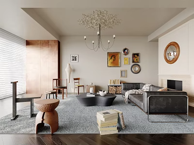 Living Room Interior With Chandelier Decorative Paintings Round Mirror Gray Sofa Rug And Wooden Floor 3d model
