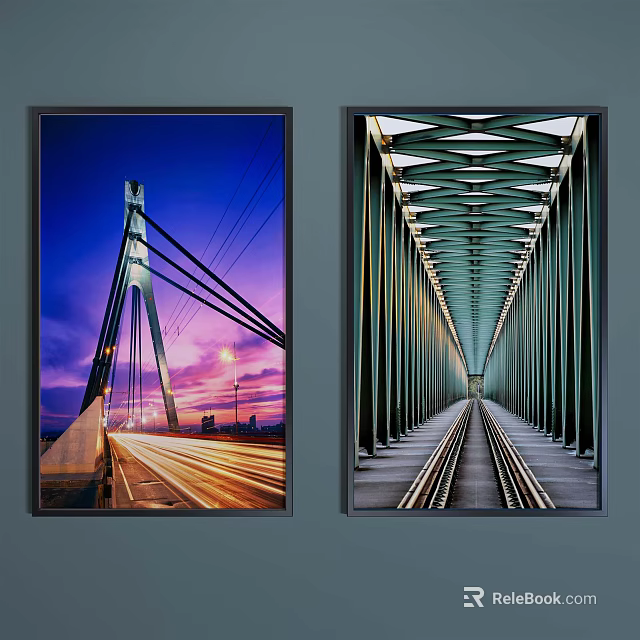 Scenic Bridge Landscape Paintings With Sunset Sky Traffic Light Trails And Metal Framework Rail Tracks 3d model 