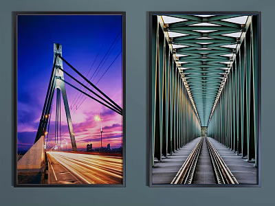 Scenic Bridge Landscape Paintings With Sunset Sky Traffic Light Trails And Metal Framework Rail Tracks 3d model