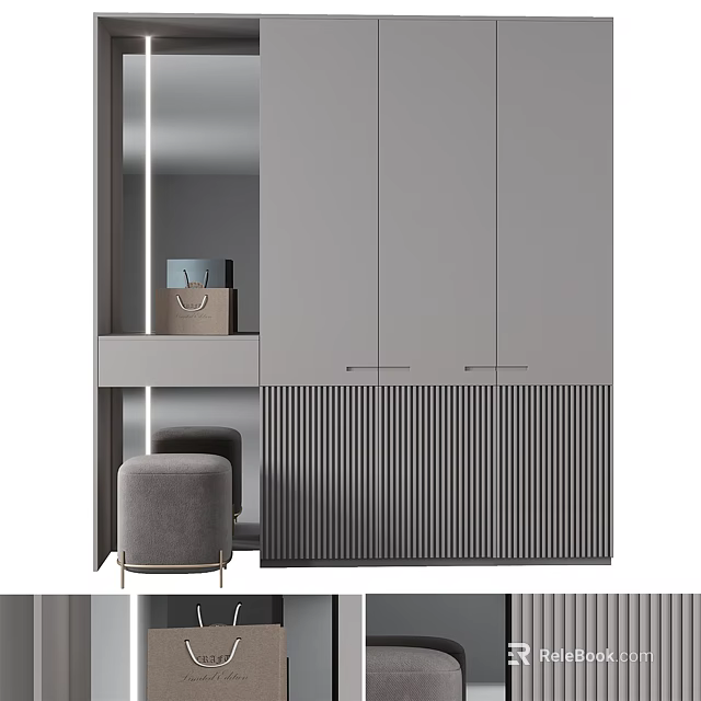 Modern Gray Wardrobe With Slatted Panel Design And Side Stool Accent 3d model