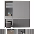 Modern Gray Wardrobe With Slatted Panel Design And Side Stool Accent 3d model