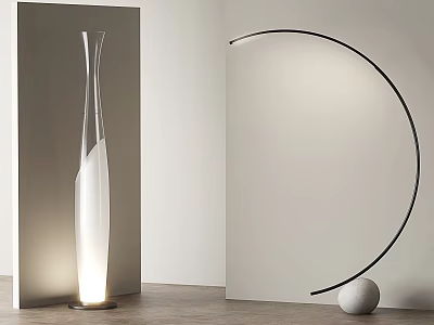Modern Arc Floor Lamp With Black Metal Frame And Warm Ambient Lighting In Minimalist Interior 3d model