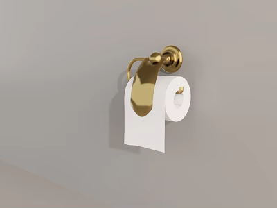 Golden Wall Mounted Toilet Paper Holder With White Roll In Bathroom 3d model