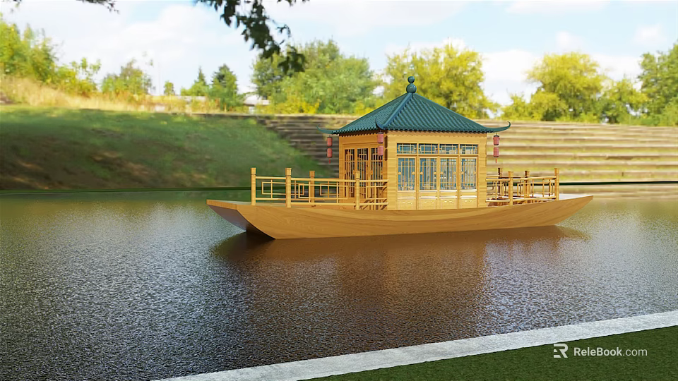 Wooden Boat with Green Pavilion on Calm Lake Surrounded by Lush Trees and Stepped Shore 3d model 