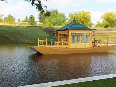 Wooden Boat with Green Pavilion on Calm Lake Surrounded by Lush Trees and Stepped Shore 3d model