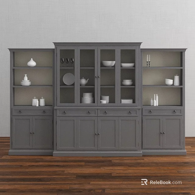 Gray Decorative Cabinet With Glass Doors Drawers Open Shelves And Tableware 3d model 
