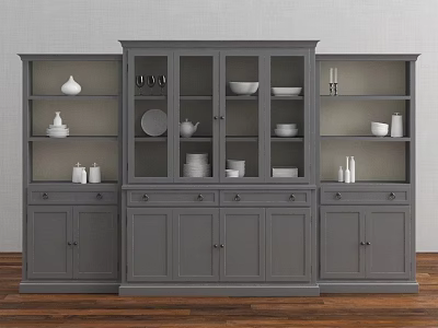 Gray Decorative Cabinet With Glass Doors Drawers Open Shelves And Tableware 3d model