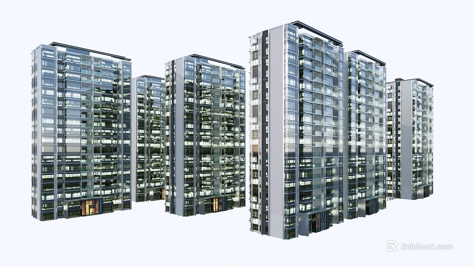 Modern High Rise Residential Buildings With Glass Curtain Walls And Urban Setting 3d model 