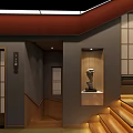 Traditional Hotel Corridor Interior With Wooden Stairs And Paper Screen Doors