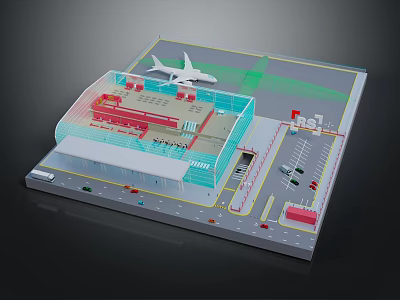 Cartoon Airport Scenario Featuring Building Airplane Parking Area And Vehicles Layout 3d model
