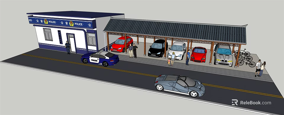 Police Building With Covered Parking Area Various Cars People And Police Car Nearby 3d model 