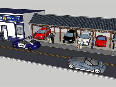 Police Building With Covered Parking Area Various Cars People And Police Car Nearby 3d model