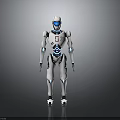 Futuristic White Humanoid Robot With Blue Glowing Accents And 128 Standing On Gray Background
