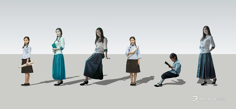 Group of People in Various Poses With Traditional Clothing School Uniform and Reading Book 3d model 