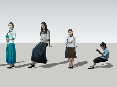 Group of People in Various Poses With Traditional Clothing School Uniform and Reading Book 3d model
