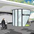 Modern Building Facade With Curved Canopy Trees Pedestrians And Open Design