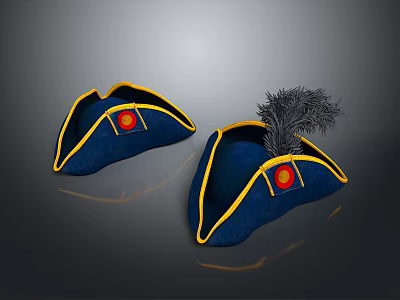 Daily Living Blue Hats Featuring Yellow Trim Red Badge and Black Feather 3d model