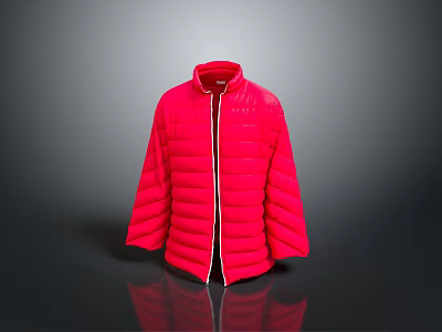 Stylish Red Puffer Jacket With Vertical Stripes And Stand Collar Design 3d model