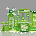 Natural Original Plant Milk Exhibition Booth with Green Windmill and Product Stacks