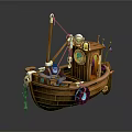 Cartoon Style 3D Wooden Boat Model With Mast Small Cabin Anchor And Chain
