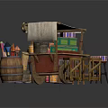 Mobile Street Cart with Wooden Barrels Small Tables and Various Goods Under Canvas Canopy