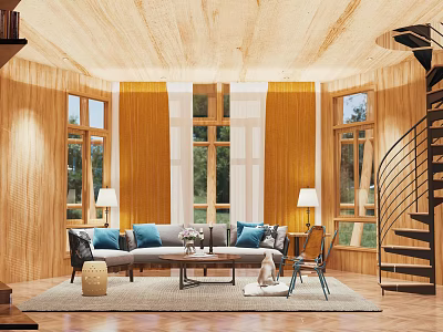 Hotel Guest Room With Wooden Interior Large Windows Yellow Curtains Gray Sofa And Blue Cushions 3d model