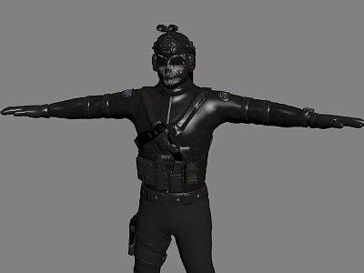 Man In Black Tactical Outfit With Helmet Mask Tactical Vest And Outstretched Arms 3d model