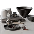 Minimalist Decorative Ornaments Set With White Stone Black Bowls Bottle Books Tray And Glass Cups