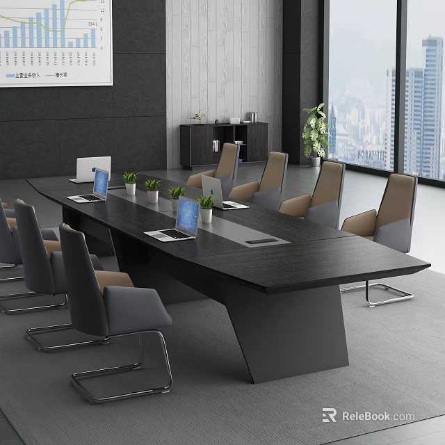 Modern Conference Room Interior Design With Long Table Green Plants And Leather Chairs 3d model 